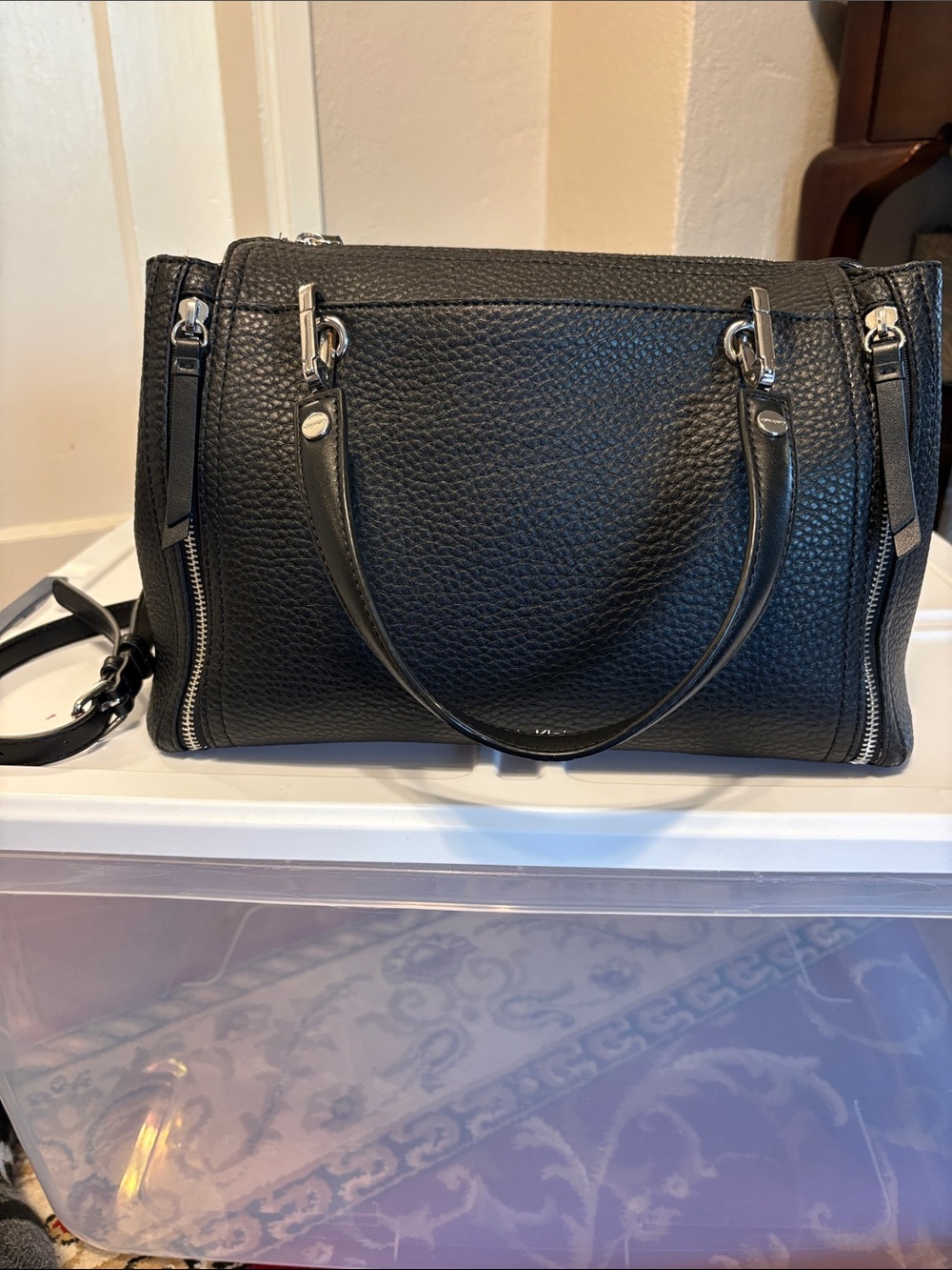 Calvin Klein Black Pebbled PU Leather Top-Handle Garnet Tote - Picture 6 of 15